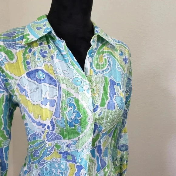 Blouse Size 10 Button Down Top Green Blue Lighweig - Picture 6 of 8